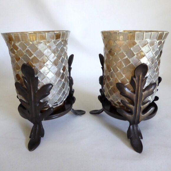 NEW 7.25” STAINED GLASS MOSAIC ART GLASS CAST IRON LEAF STANDS CANDLE HOLDER SET - Picture 2 of 13